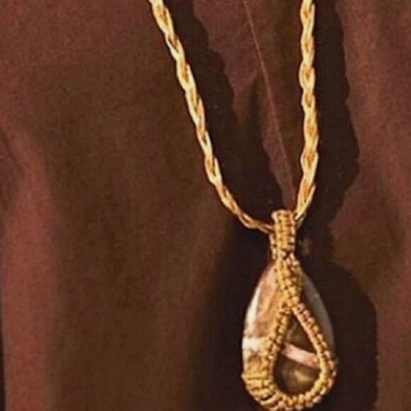 Free People boho style stone pendant woven necklace green brown - Picture 2 of 7